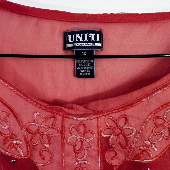 Uniti Casuals Vintage Peach Womens Blouse 1X Embroidered Flower Rhinestone Sheer - Picture 7 of 7
